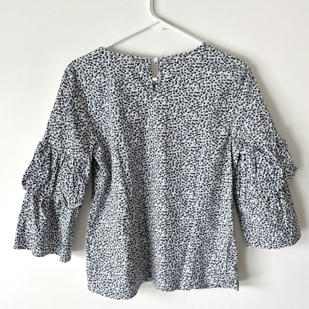 J. Crew Blue Black Micro Floral Blouse 3/4 Puff Sleeve Preppy Dainty Feminine